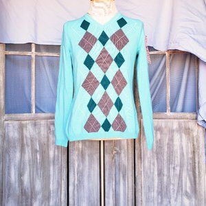 Teal Blue Aqua Preppy Argyle Sweater Size S